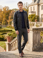 Men's black PU leather bomber motorcycle jacket – Black lifestyle view – Edward & Lawsen