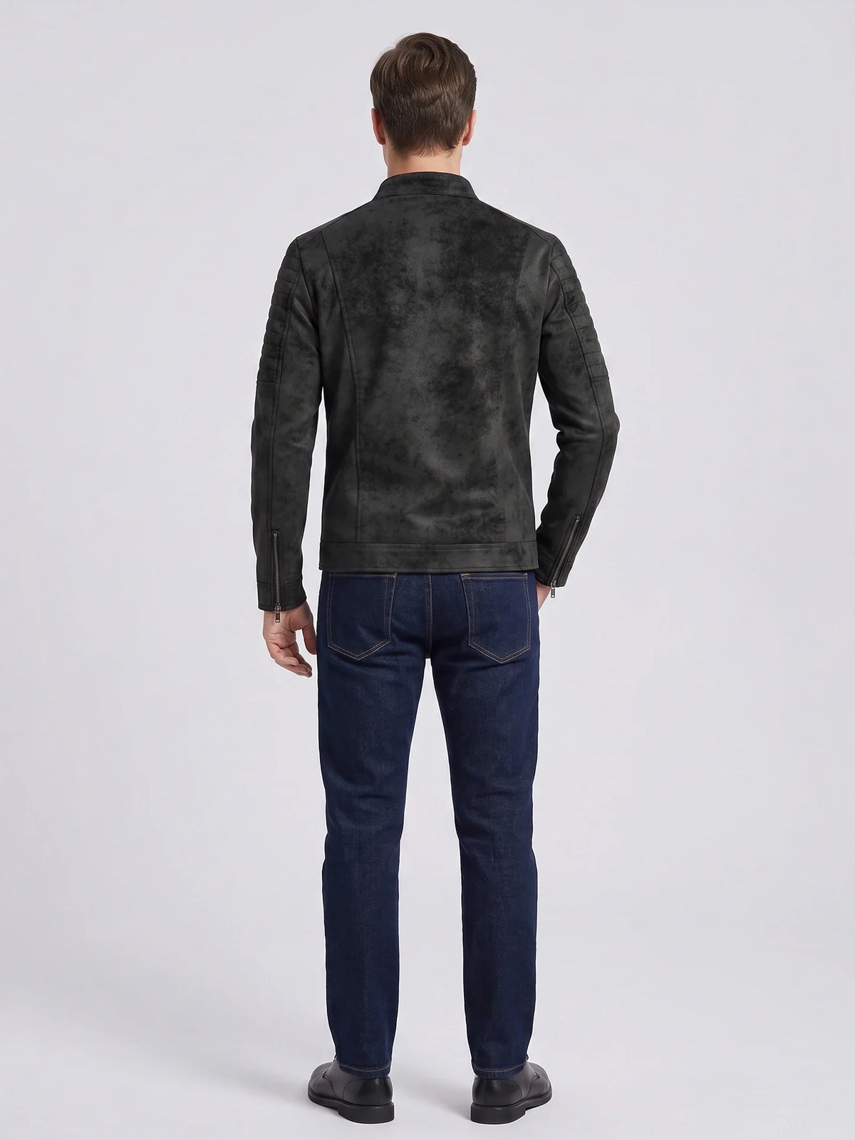 Men's faux leather motorcycle jacket – Black back view – Edward & Lawsen