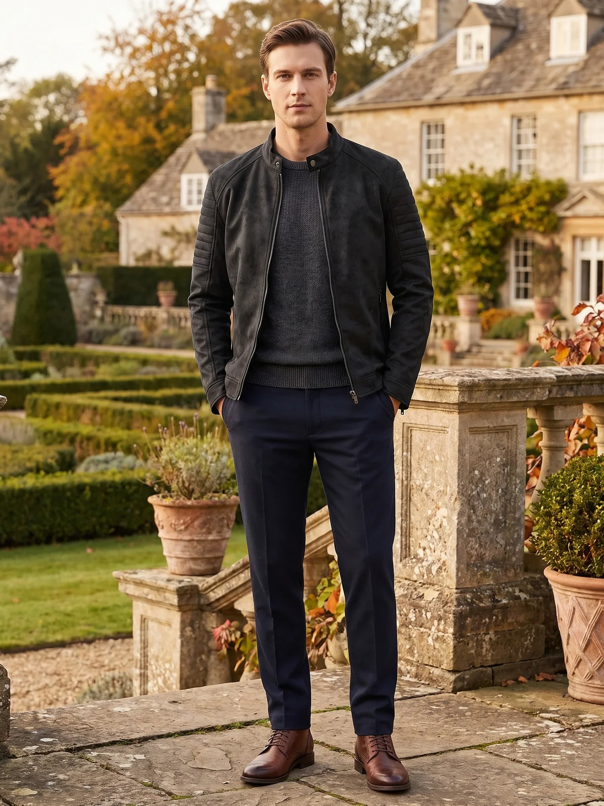 Men's faux leather motorcycle jacket – Black lifestyle view – Edward & Lawsen