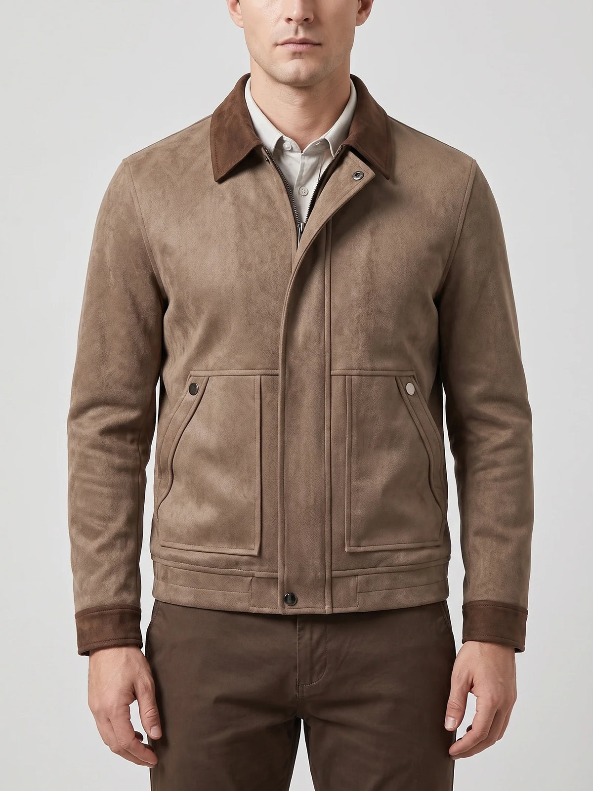 Men's faux suede jacket – Brown front view – Edward & Lawsen