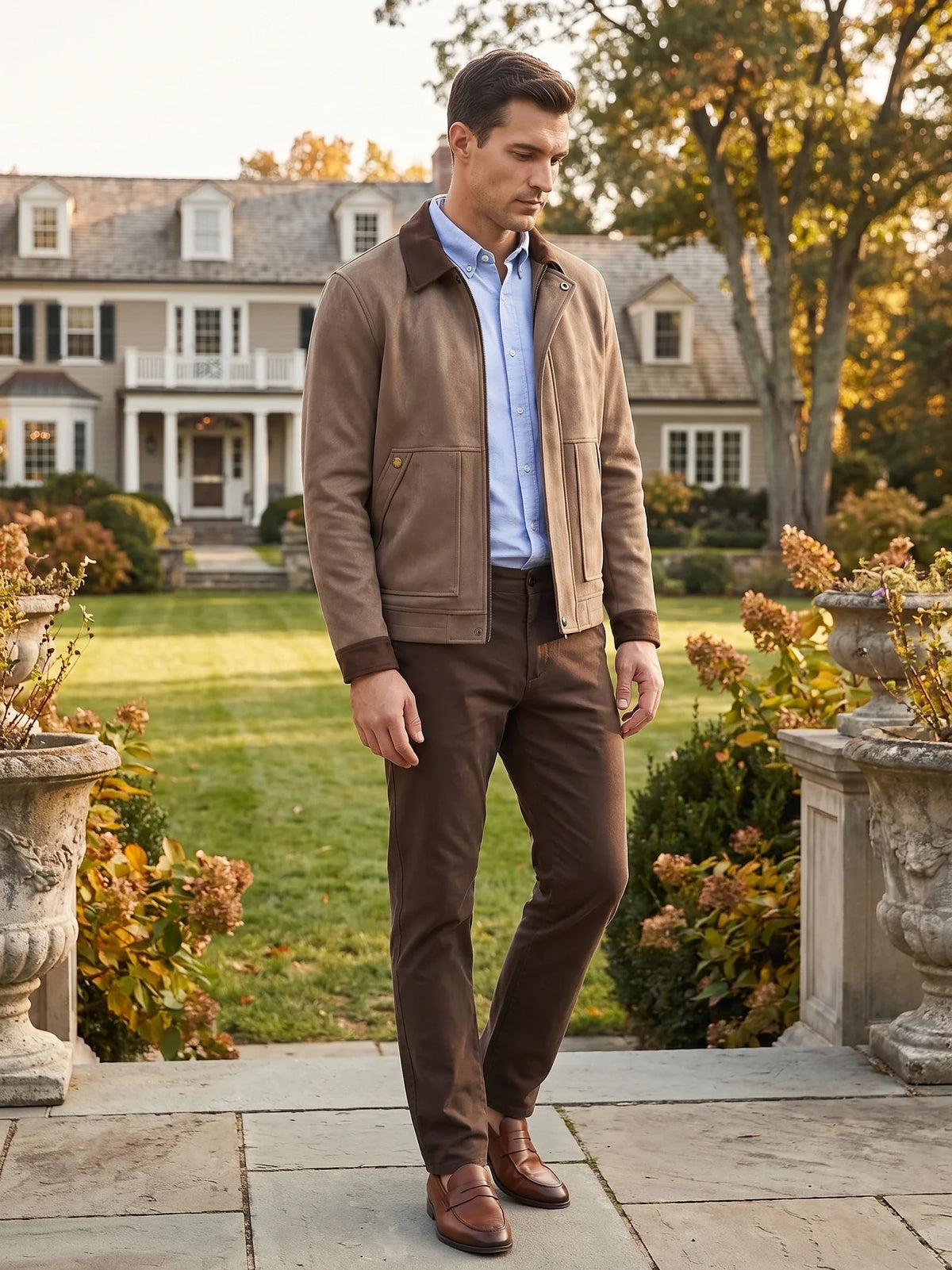 Men's faux suede jacket – Brown lifestyle view – Edward & Lawsen