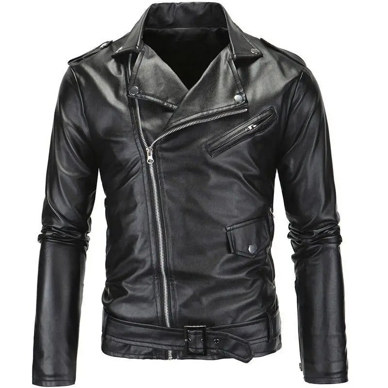 Men's asymmetric zip faux-leather biker jacket – black – Edward Lawson