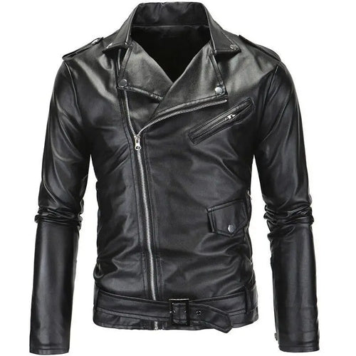 Men's asymmetric zip faux-leather biker jacket – black – Edward Lawson