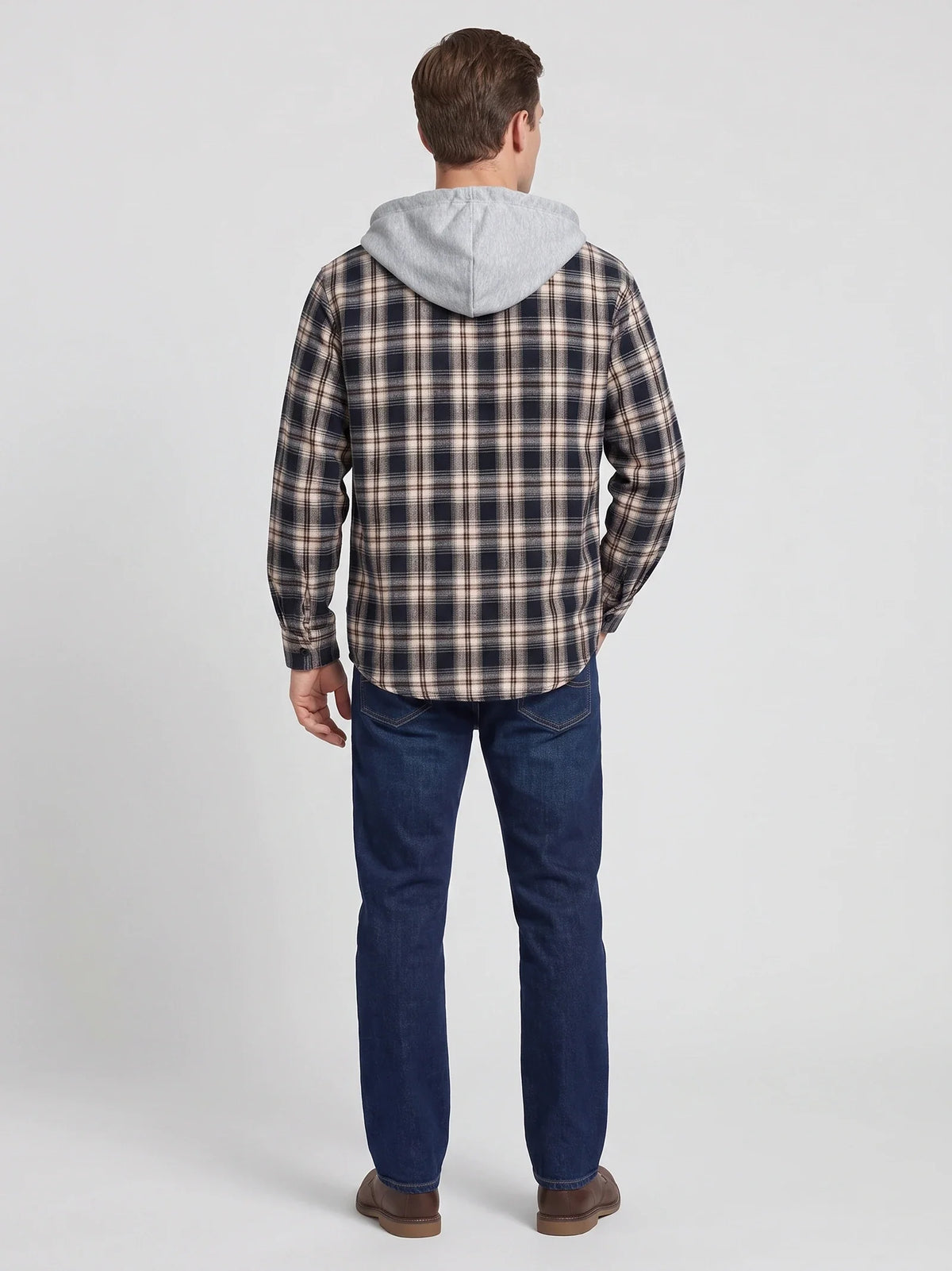 Men's hooded plaid flannel jacket – Black back view – Edward & Lawsen