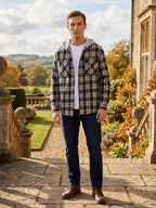 Men's hooded plaid flannel jacket – Black lifestyle view – Edward & Lawsen