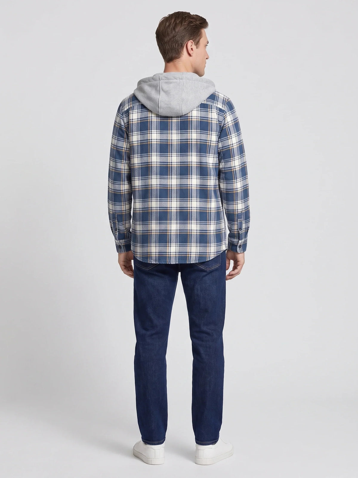 Men's hooded plaid flannel jacket – Blue back view – Edward & Lawsen