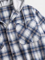 Men's hooded plaid flannel jacket – Blue detail view – Edward & Lawsen