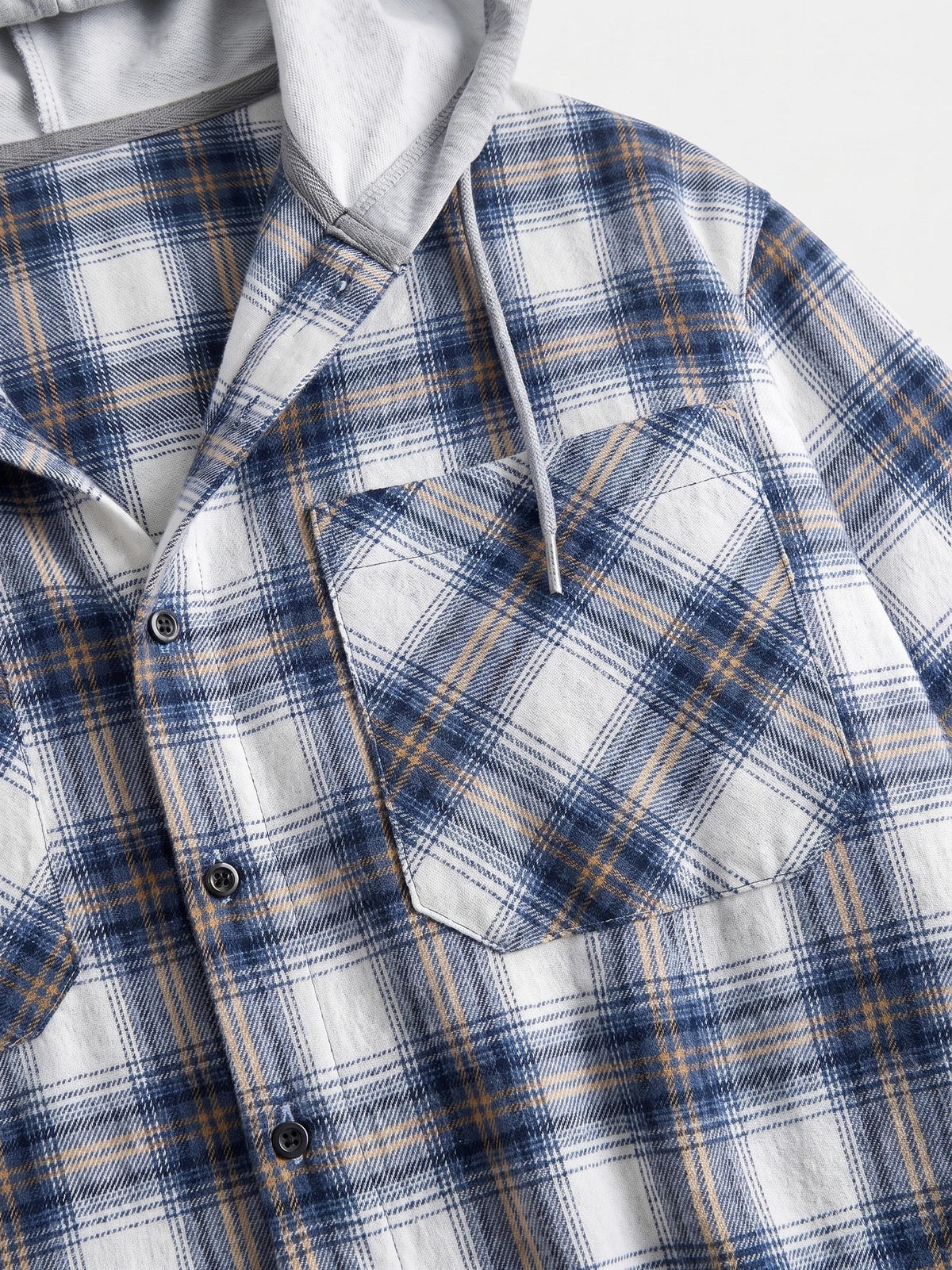 Men's hooded plaid flannel jacket – Blue detail view – Edward & Lawsen