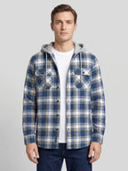 Men's hooded plaid flannel jacket – Blue front view – Edward & Lawsen