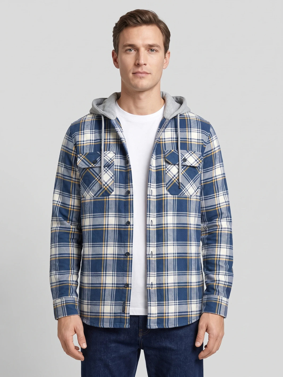 Men's hooded plaid flannel jacket – Blue front view – Edward & Lawsen
