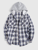 Men's hooded plaid flannel jacket – Blue full view – Edward & Lawsen
