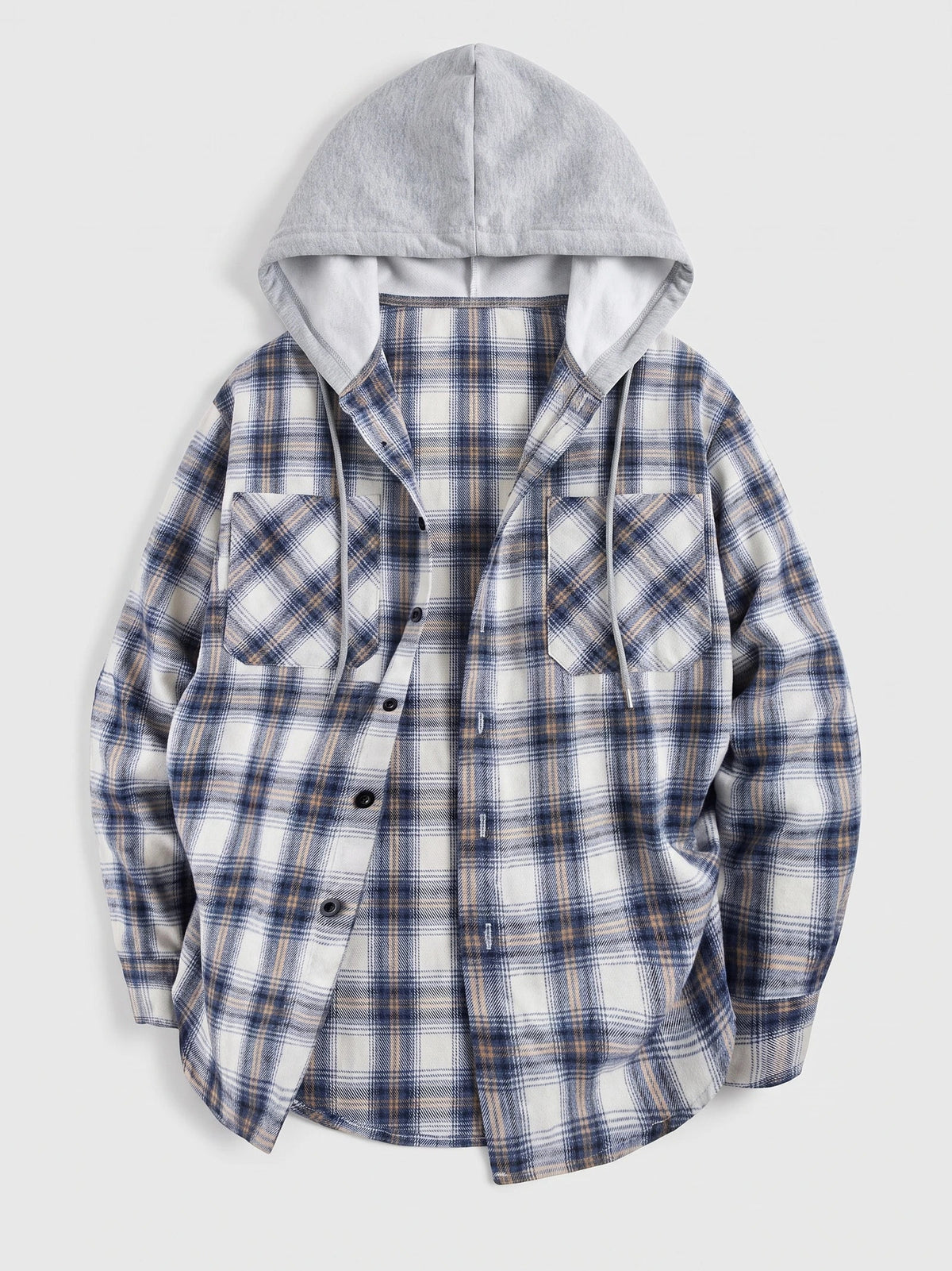 Men's hooded plaid flannel jacket – Blue full view – Edward & Lawsen
