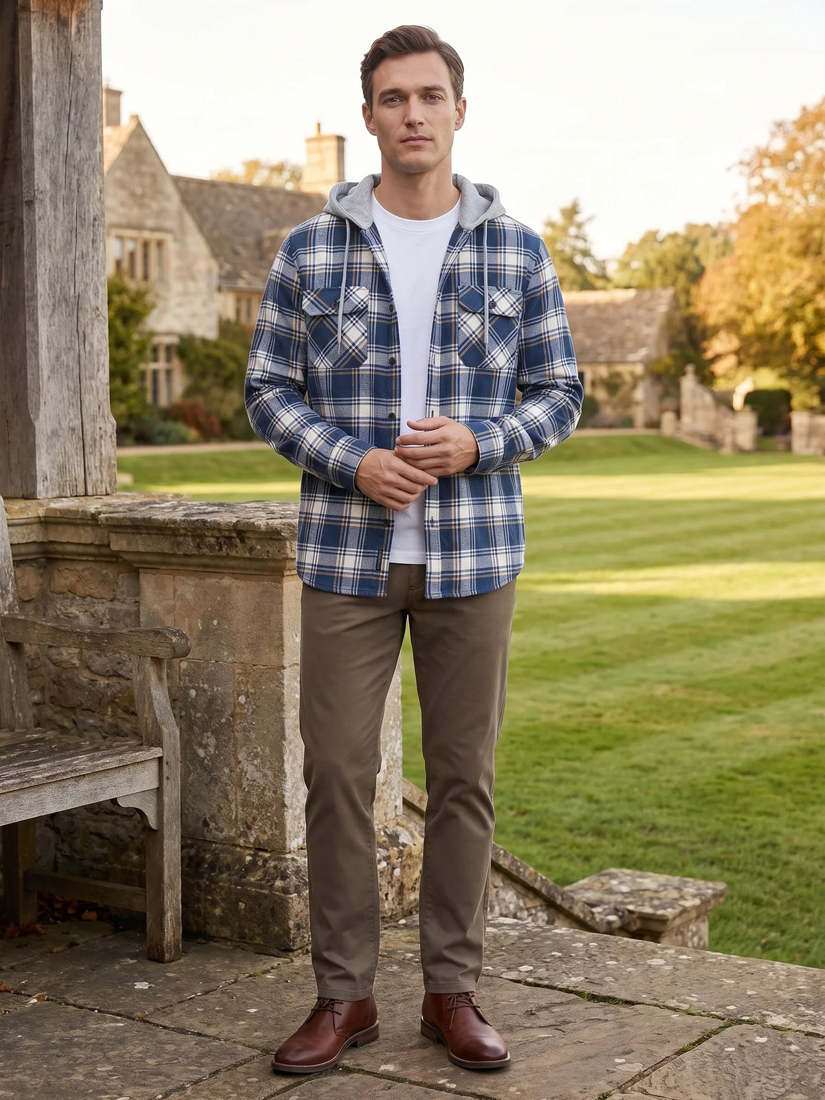 Men's hooded plaid flannel jacket – Blue lifestyle view – Edward & Lawsen