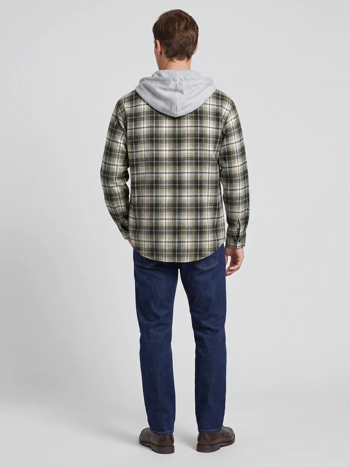 Men's hooded plaid flannel jacket – Green back view – Edward & Lawsen