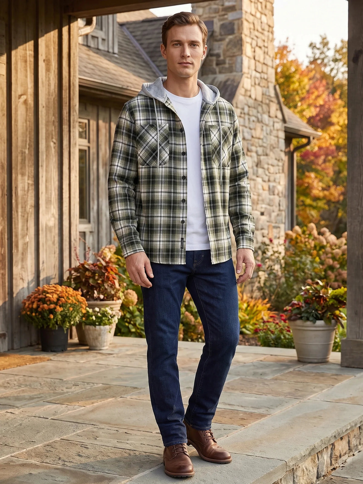 Men's hooded plaid flannel jacket – Green lifestyle view – Edward & Lawsen
