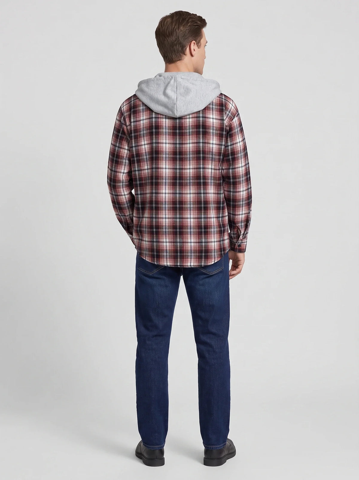Men's hooded plaid flannel jacket – Red back view – Edward & Lawsen