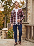 Men's hooded plaid flannel jacket – Red lifestyle view – Edward & Lawsen
