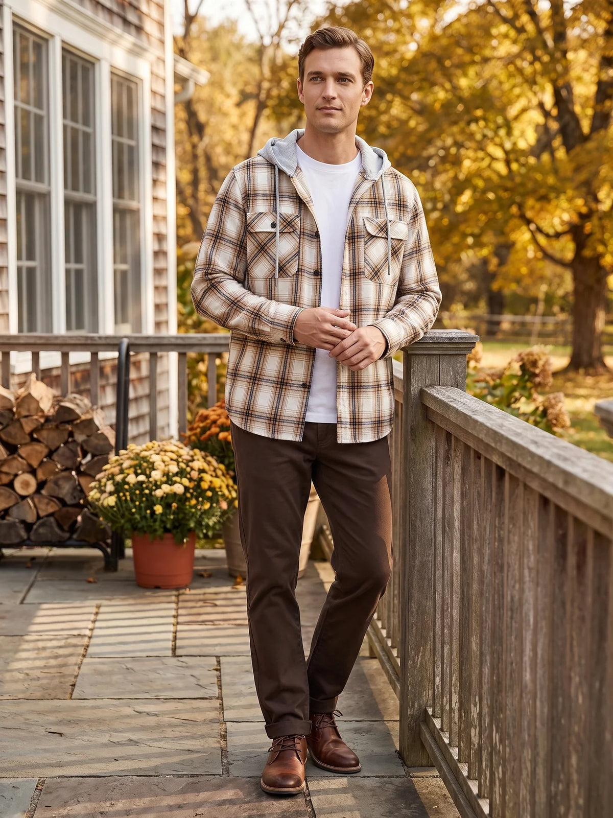 Men's hooded plaid flannel jacket – Yellow lifestyle view – Edward & Lawsen