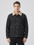 Men's fleece cargo jacket – Black front view – Edward & Lawsen