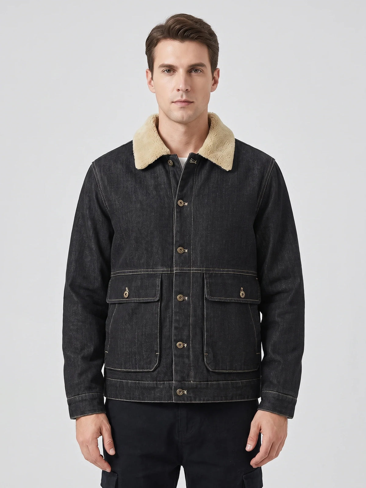 Men's fleece cargo jacket – Black front view – Edward & Lawsen