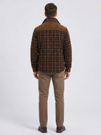 Men's fleece-lined plaid shirt jacket – Brown back view – Edward & Lawsen