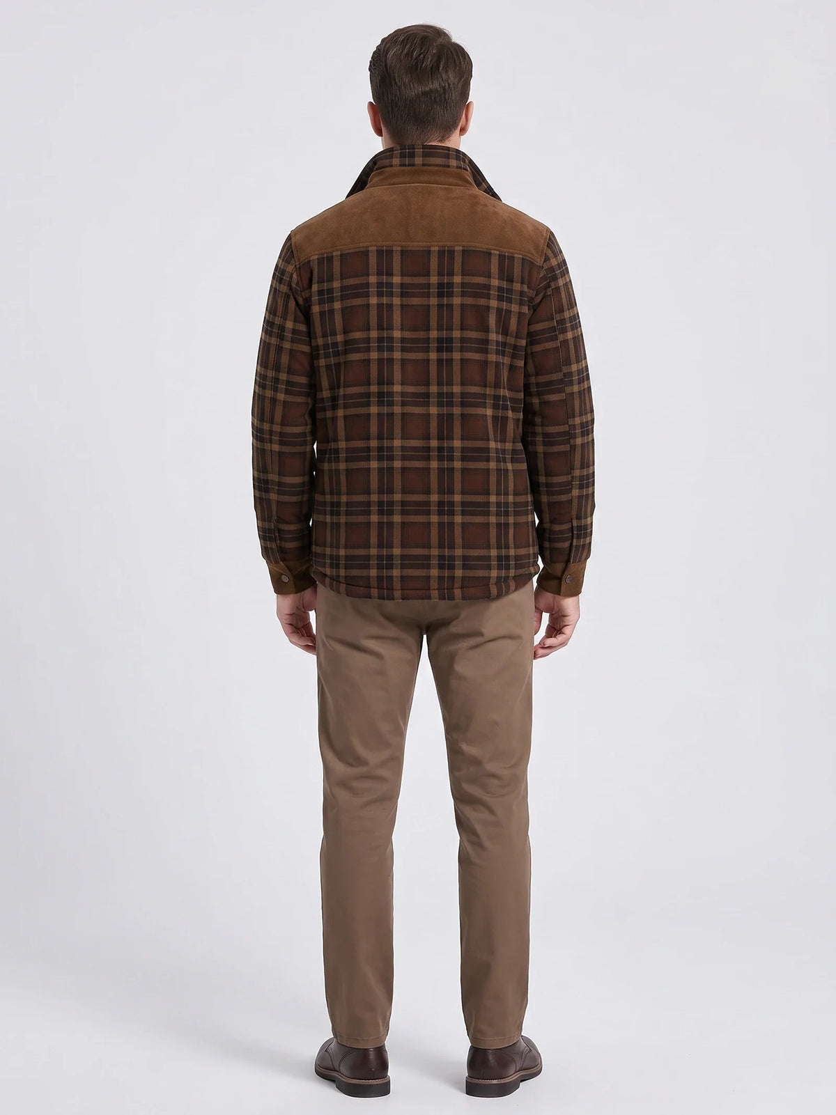 Men's fleece-lined plaid shirt jacket – Brown back view – Edward & Lawsen