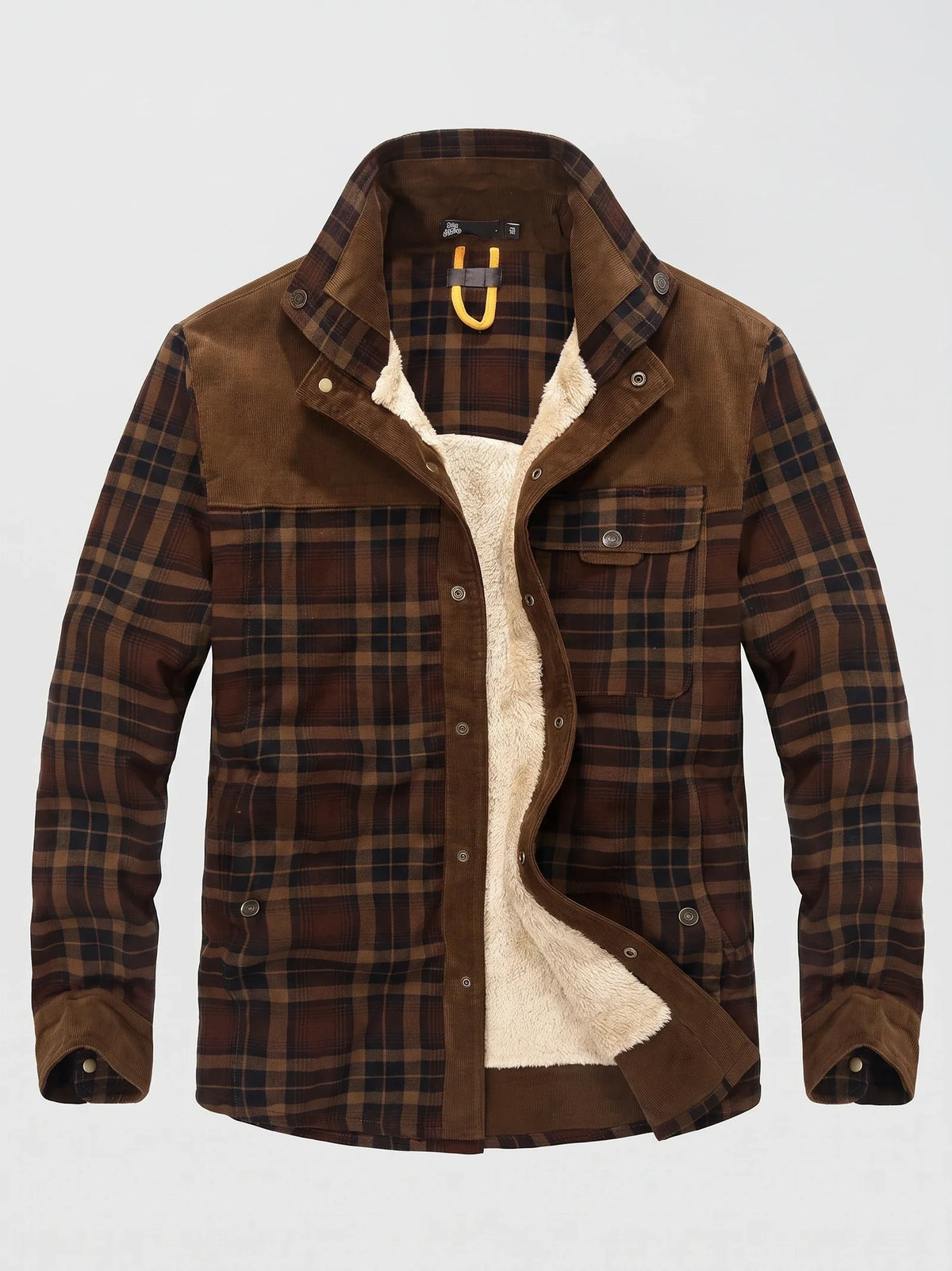 Men's fleece-lined plaid shirt jacket – Brown full view – Edward & Lawsen