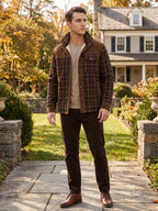 Men's fleece-lined plaid shirt jacket – Brown lifestyle view – Edward & Lawsen