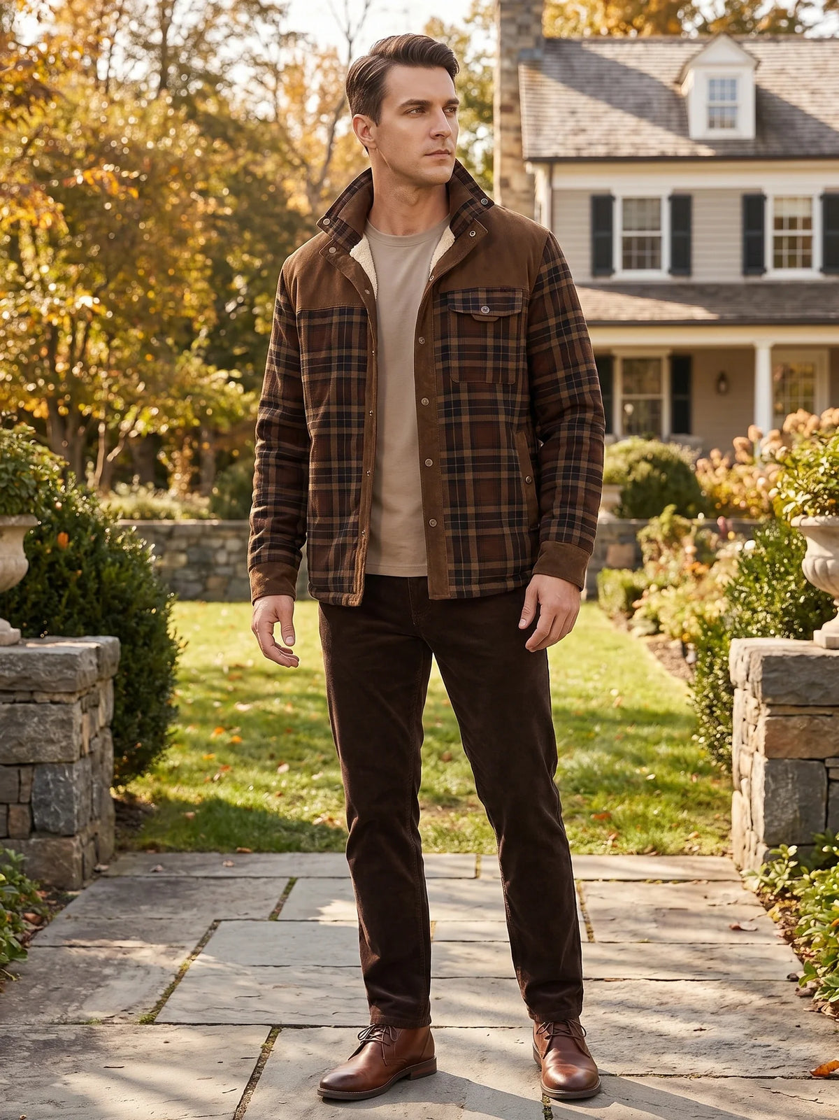 Men's fleece-lined plaid shirt jacket – Brown lifestyle view – Edward & Lawsen
