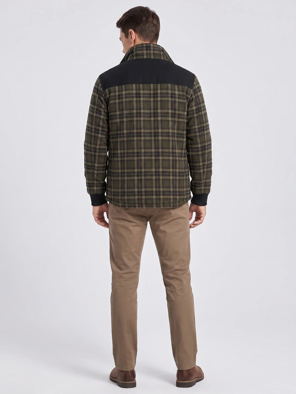 Men's fleece-lined plaid shirt jacket – Green back view – Edward & Lawsen
