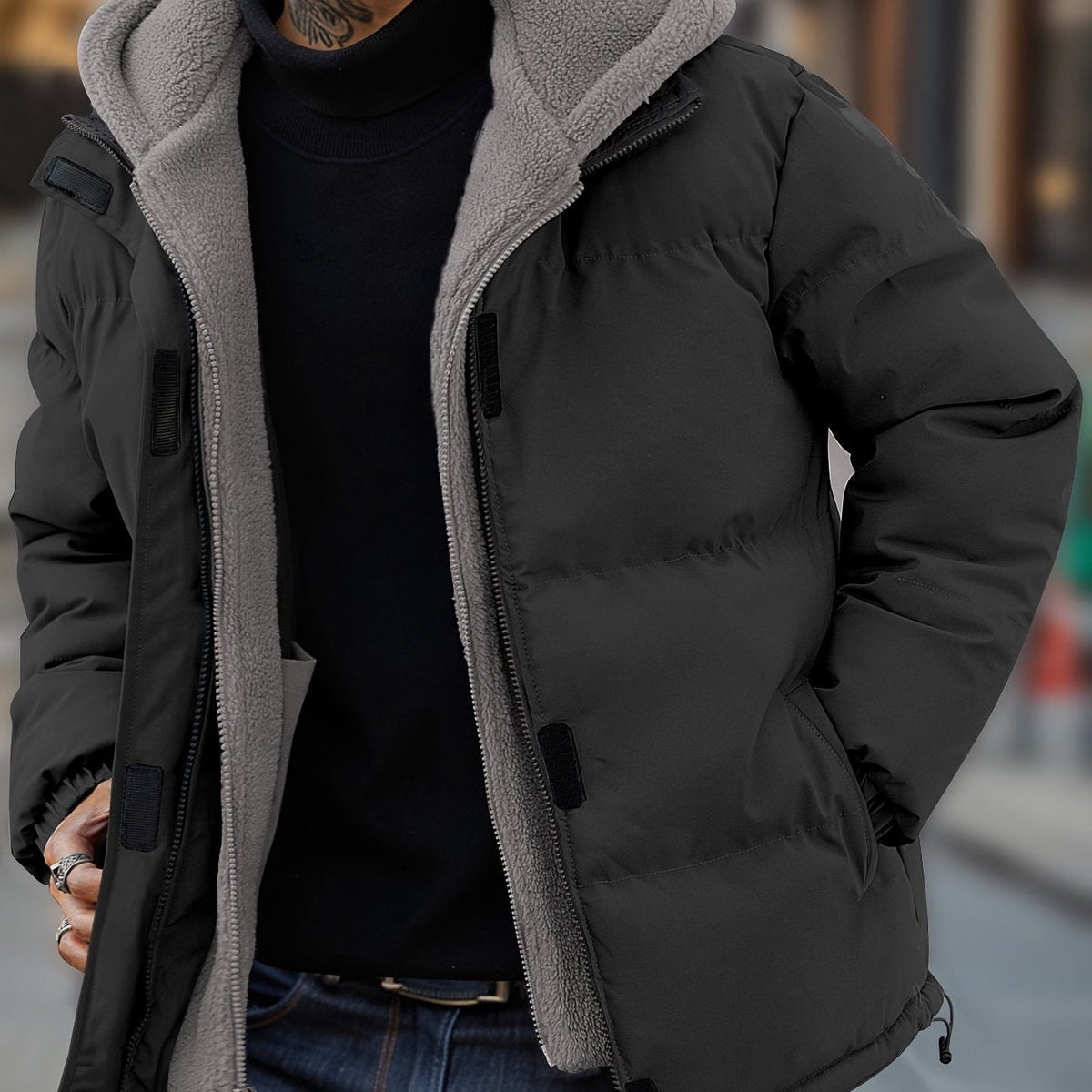 Men's fleece-lined hooded puffer jacket – black – Edward Lawson