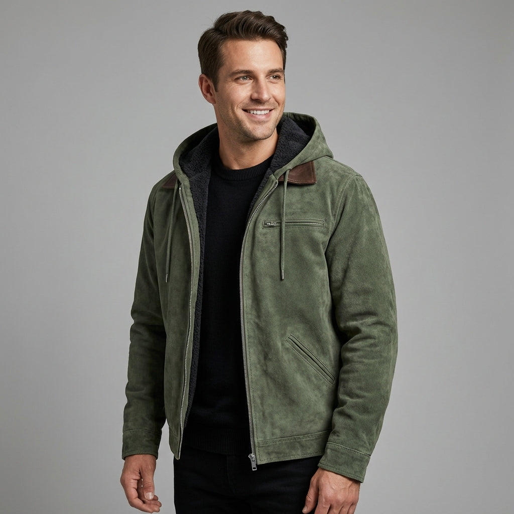 Men's hooded suede-style jacket – army green – Edward Lawson