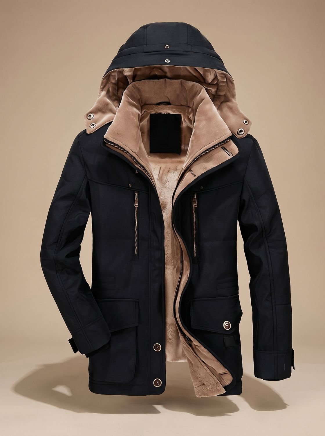Men's fleece-lined coat with detachable hood – black – Edward Lawson