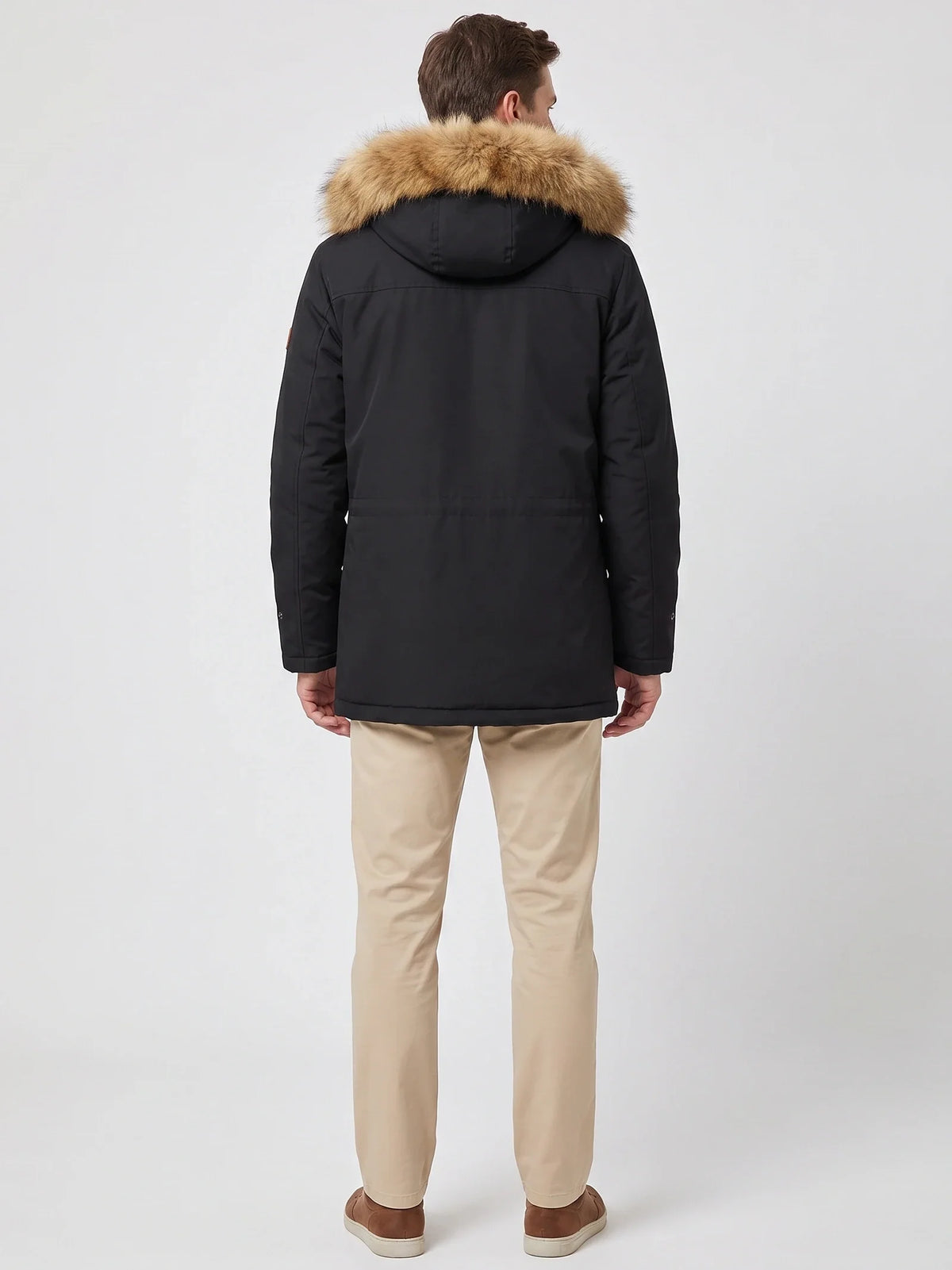 Men's windproof hooded parka – Black back view – Edward & Lawsen