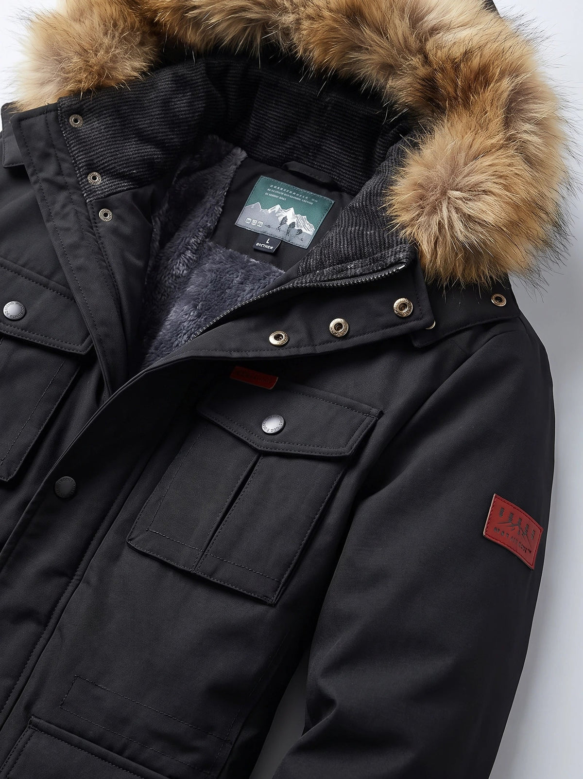 Men's windproof hooded parka – Black detail view – Edward & Lawsen