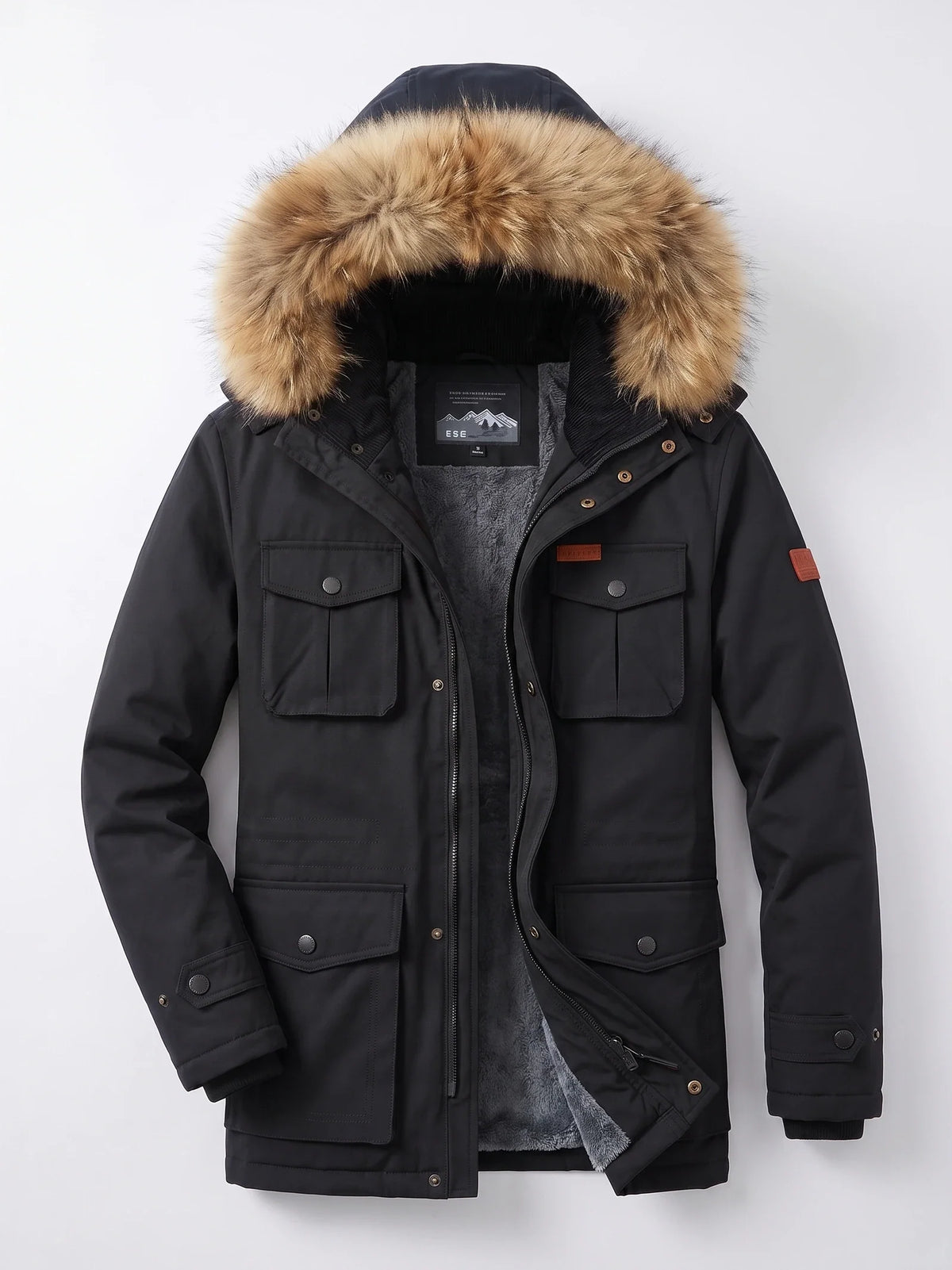 Men's windproof hooded parka – Black full view – Edward & Lawsen