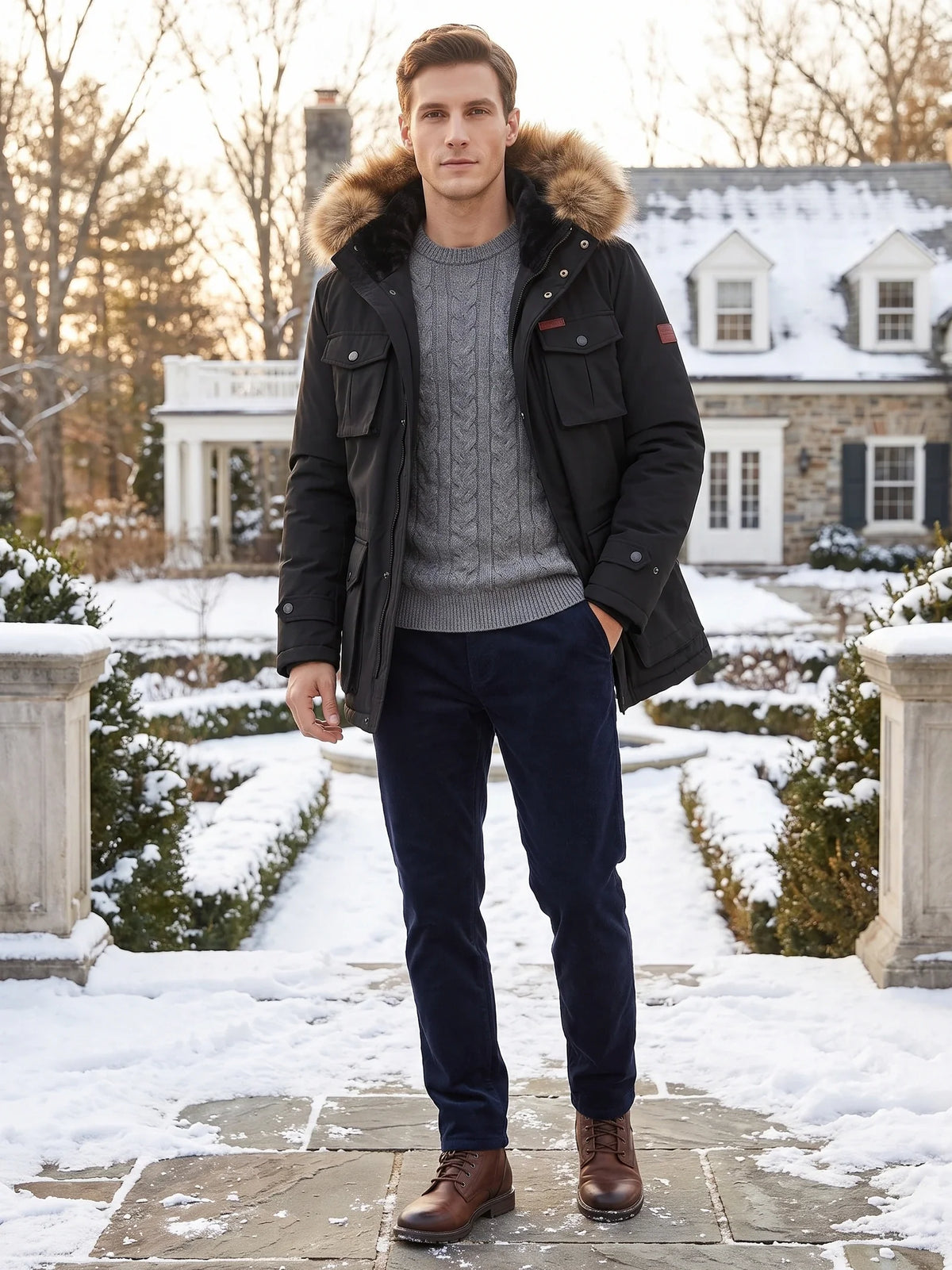 Men's windproof hooded parka – Black lifestyle view – Edward & Lawsen
