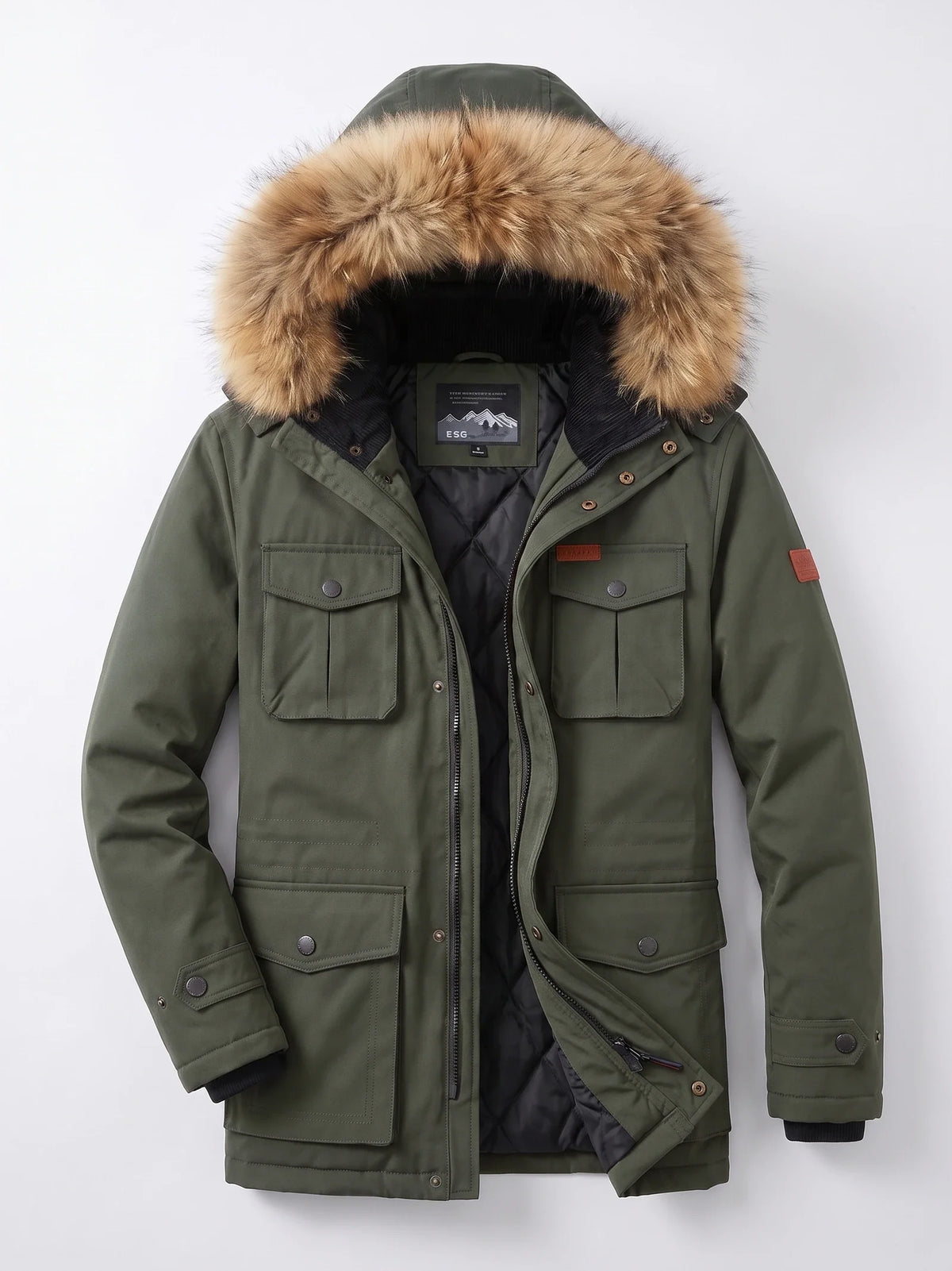 Men's windproof hooded parka – Green full view – Edward & Lawsen