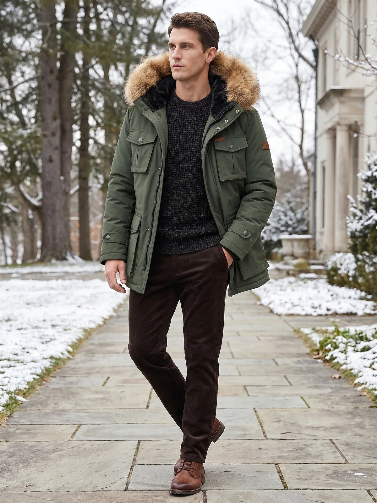 Men's windproof hooded parka – Green lifestyle view – Edward & Lawsen