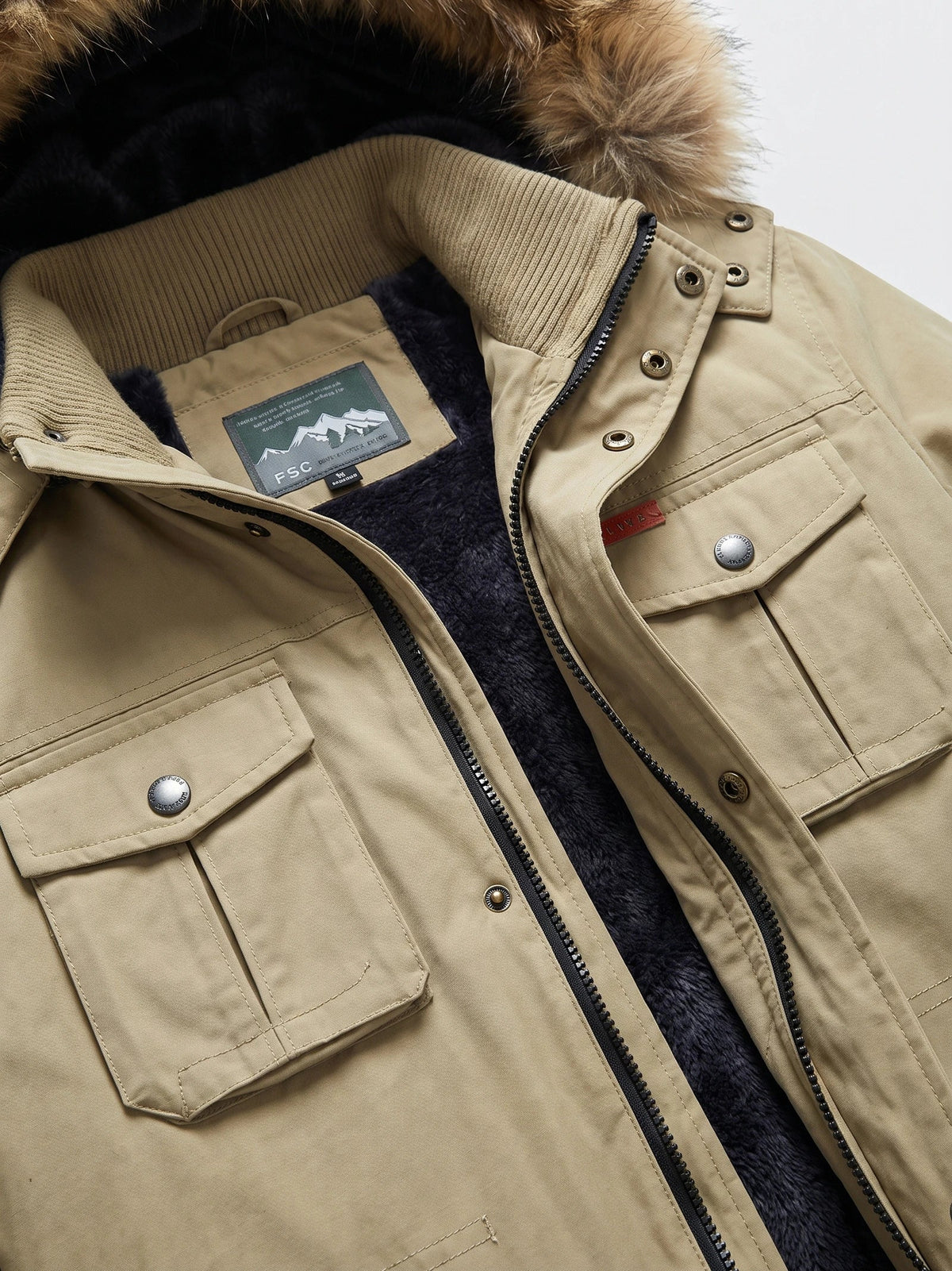 Men's windproof hooded parka – Khaki detail view – Edward & Lawsen