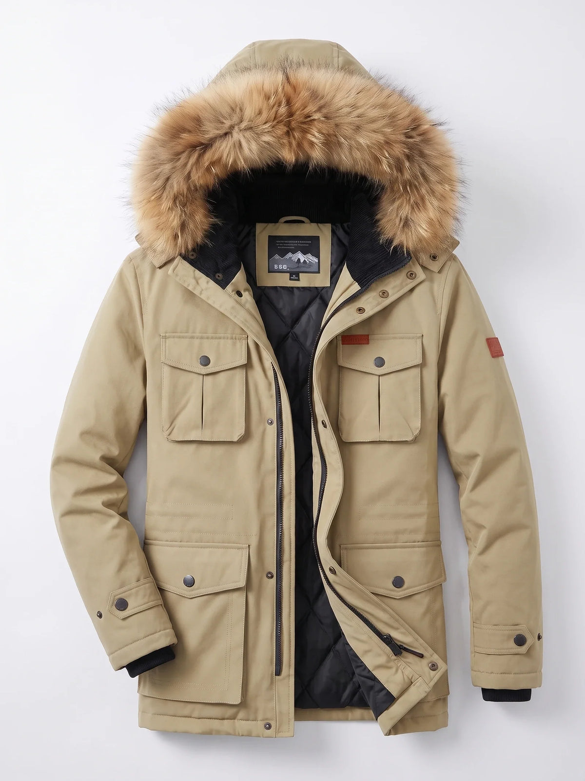 Men's windproof hooded parka – Khaki full view – Edward & Lawsen