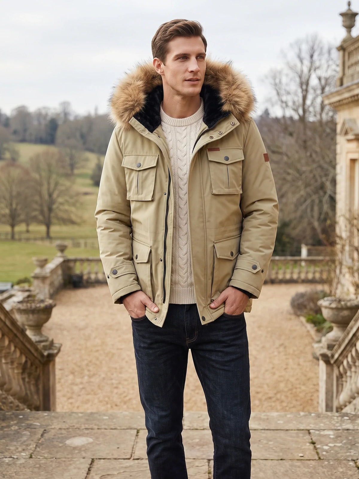 Men's windproof hooded parka – Khaki lifestyle view – Edward & Lawsen