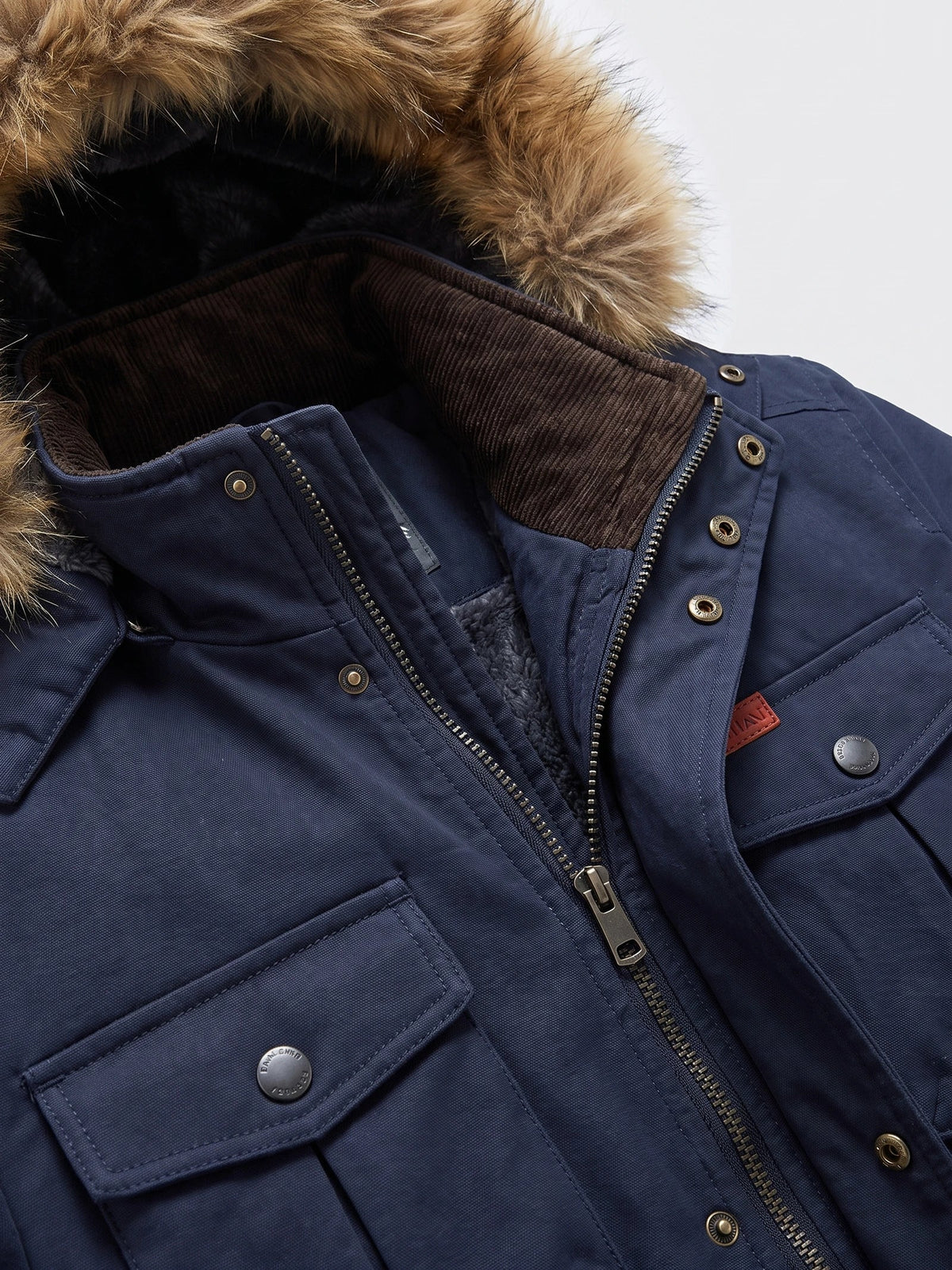 Men's windproof hooded parka – Navy detail view – Edward & Lawsen