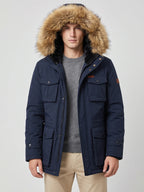 Men's windproof hooded parka – Navy front view – Edward & Lawsen