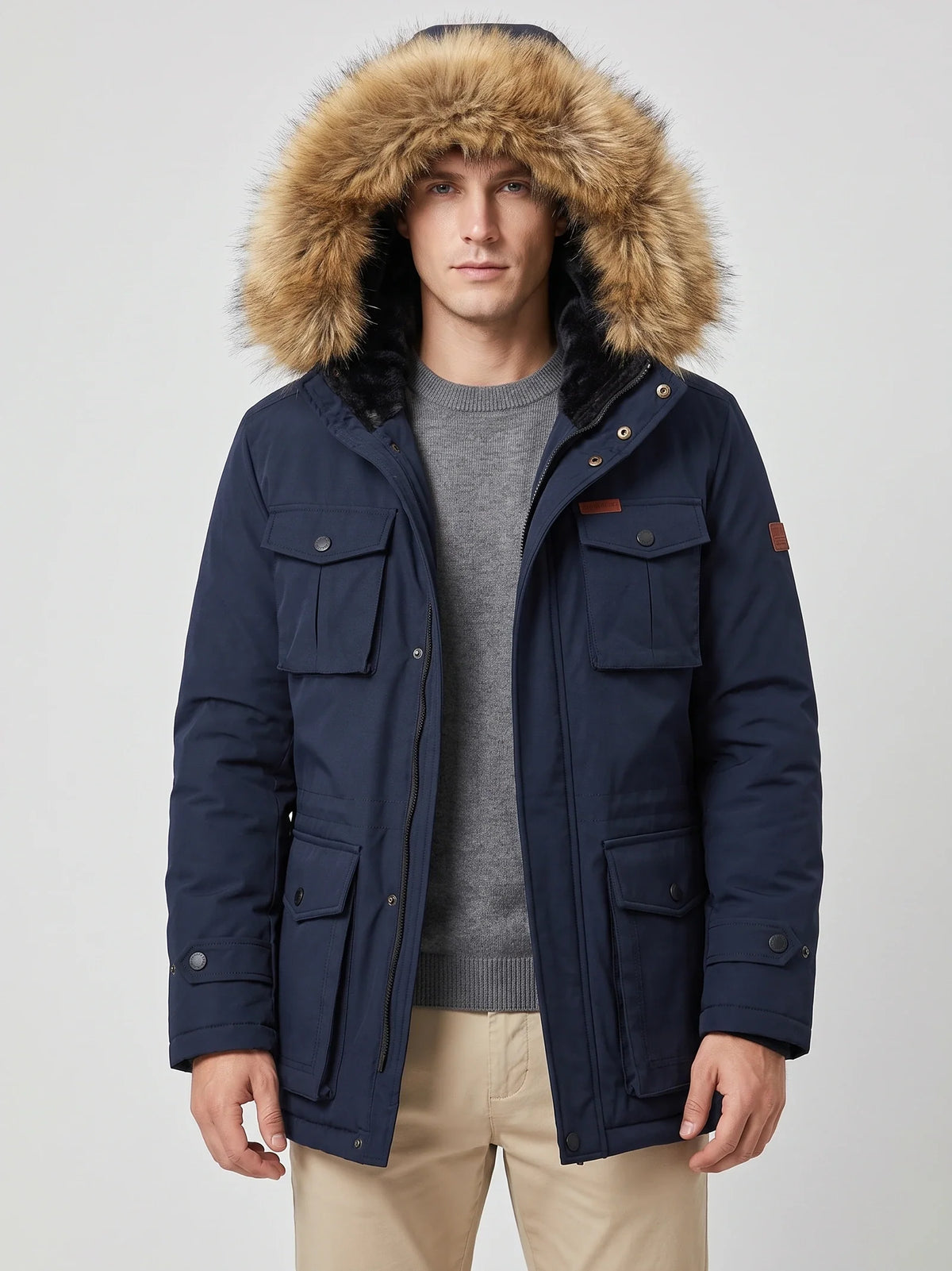 Men's windproof hooded parka – Navy front view – Edward & Lawsen