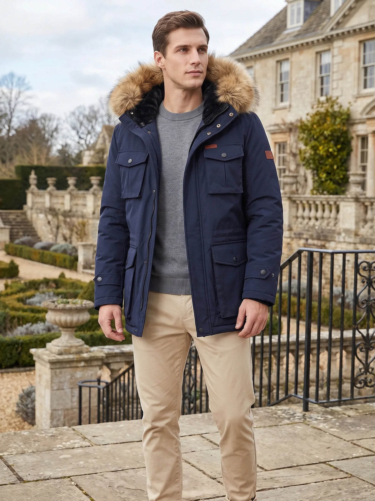 Men's windproof hooded parka – Navy lifestyle view – Edward & Lawsen