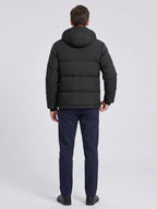 Men's water-resistant hooded puffer jacket – Black back view – Edward & Lawsen