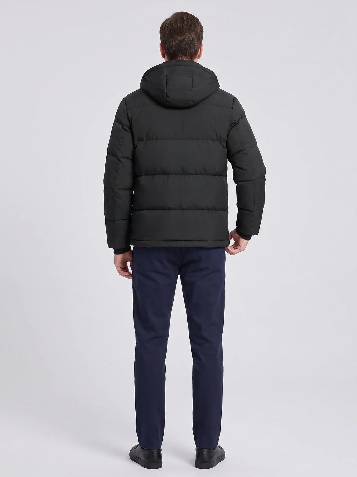 Men's water-resistant hooded puffer jacket – Black back view – Edward & Lawsen