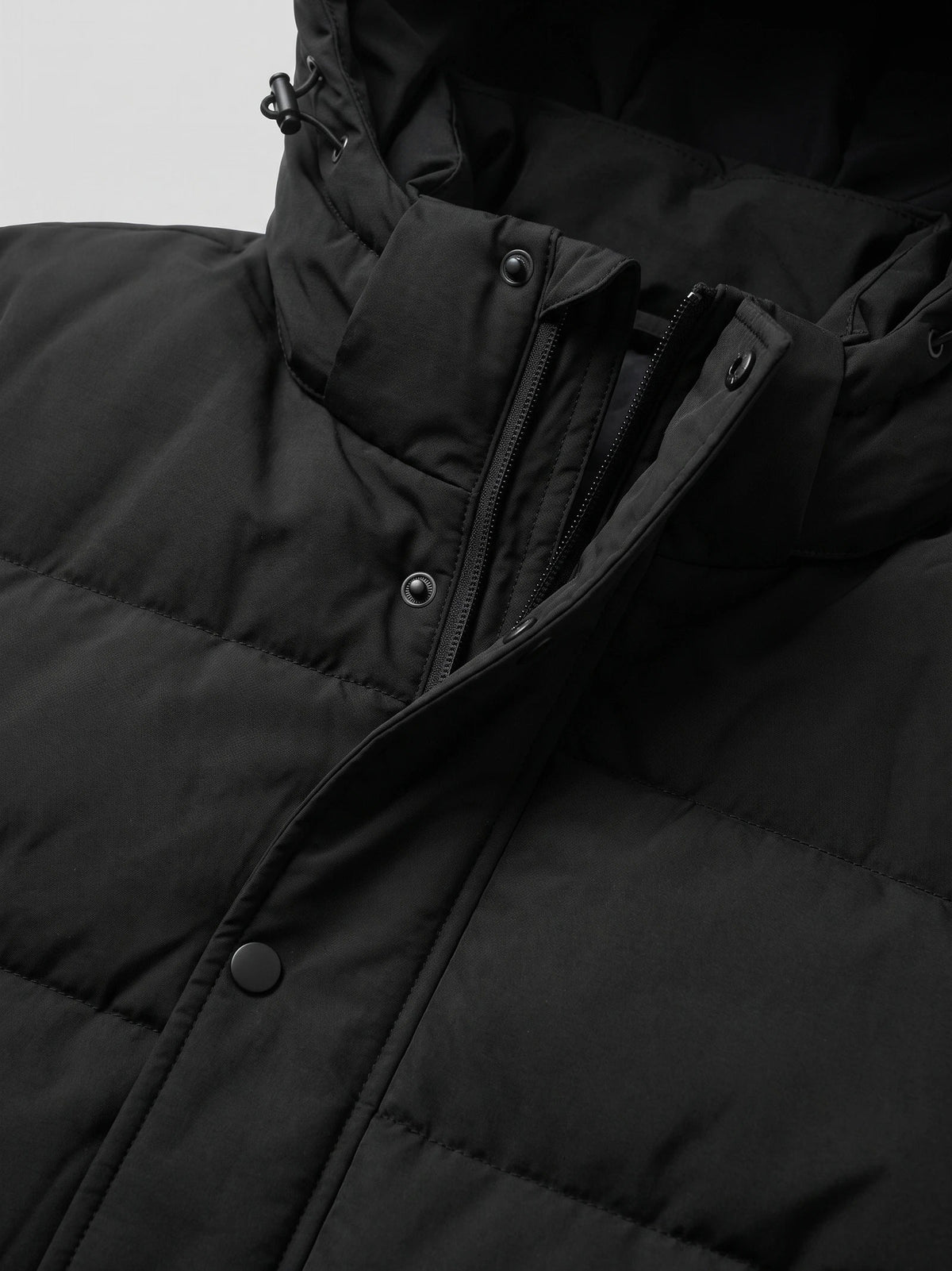 Men's water-resistant hooded puffer jacket – Black detail view – Edward & Lawsen