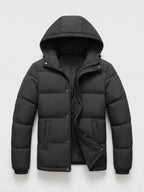 Men's water-resistant hooded puffer jacket – Black full view – Edward & Lawsen